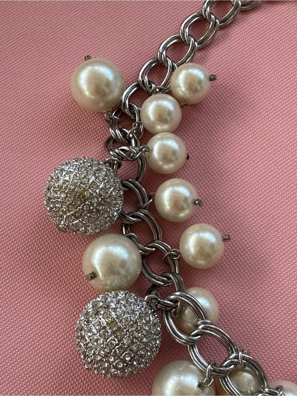 Pearl and Pave Ball Charm Statement 8 inch Necklace - Silver-toned, GUC